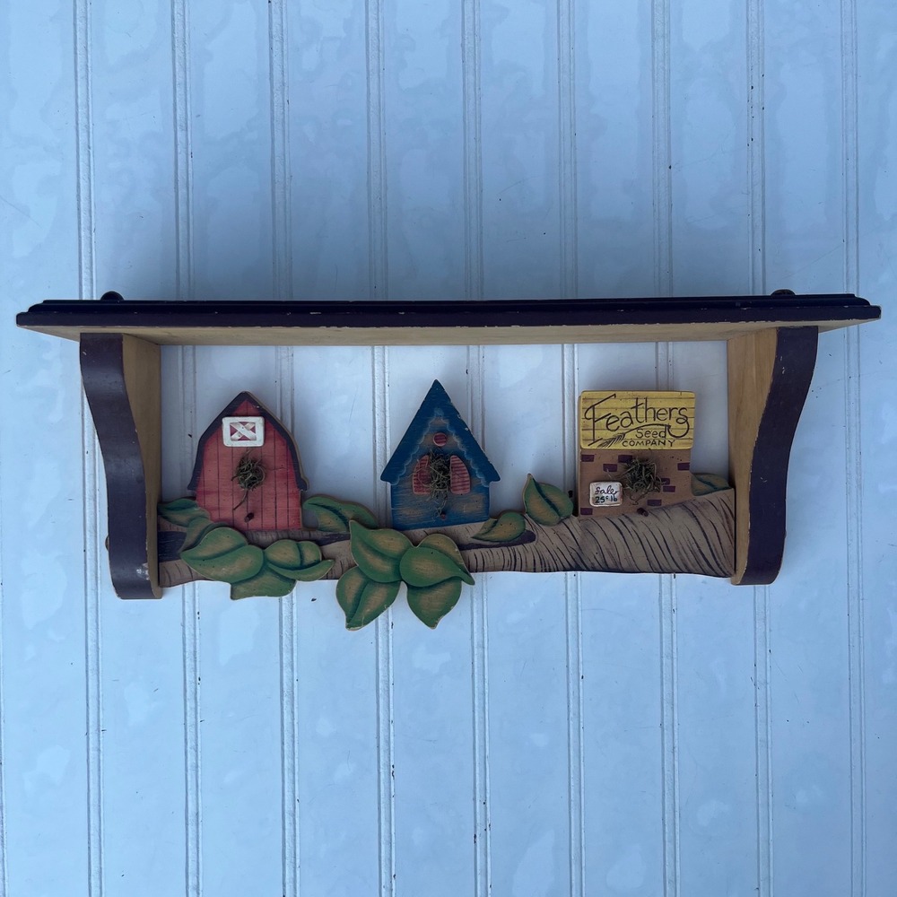 Rustic Wooden Birdhouse Wall Shelf Feathers Seed Company Folk Art  Decor